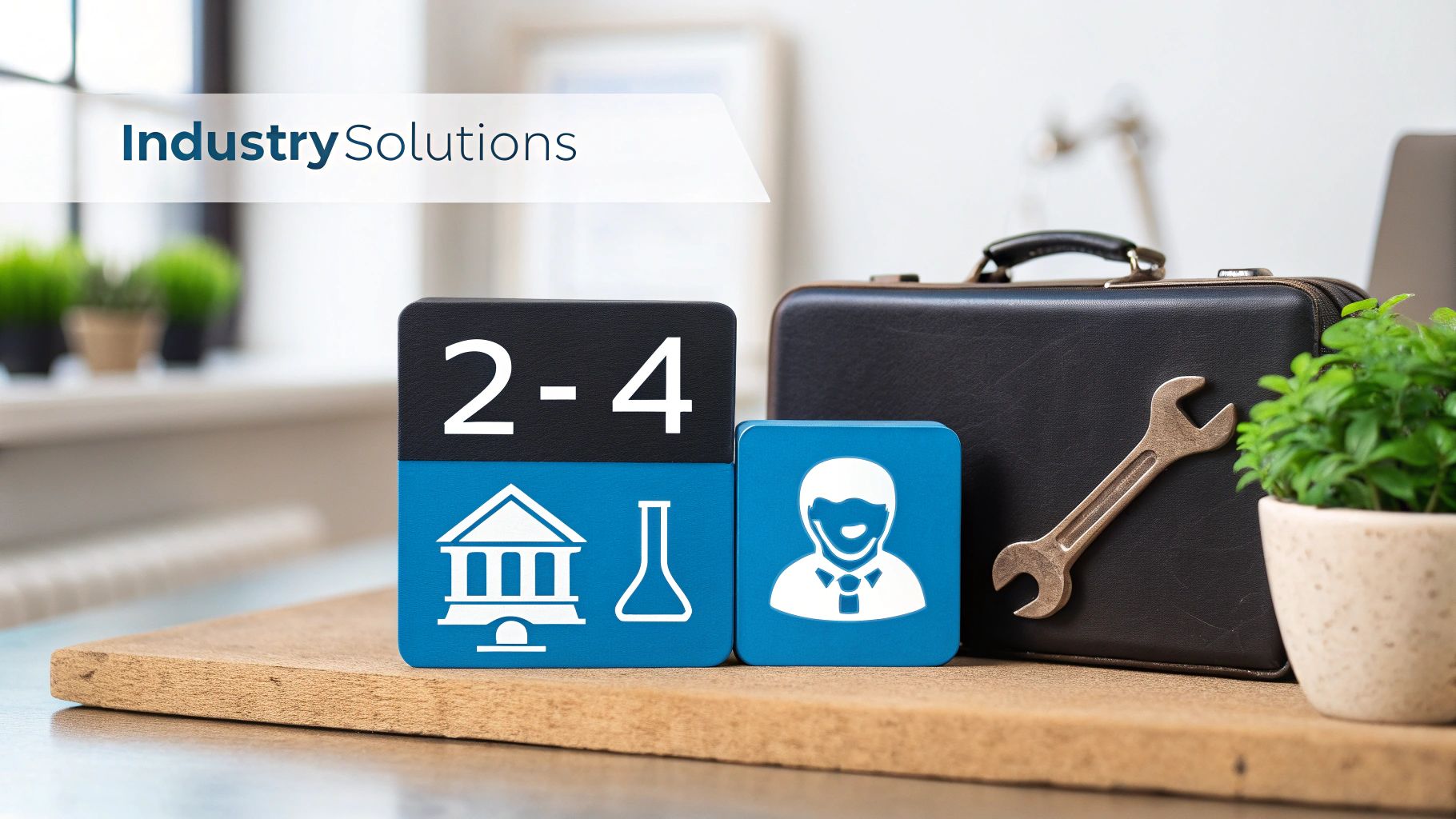Industry Solutions blocks with icons representing education, science, and professionals, alongside a briefcase and wrench.