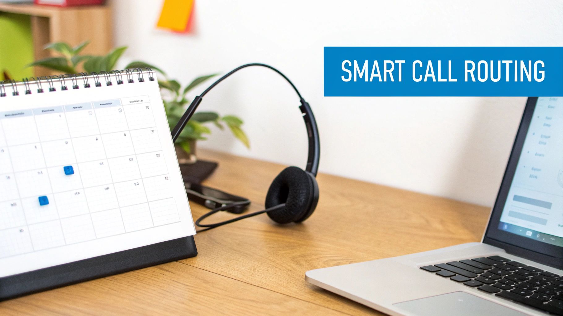 A desk setup featuring a calendar, headphones, and a laptop with a 'SMART CALL ROUTING' banner.