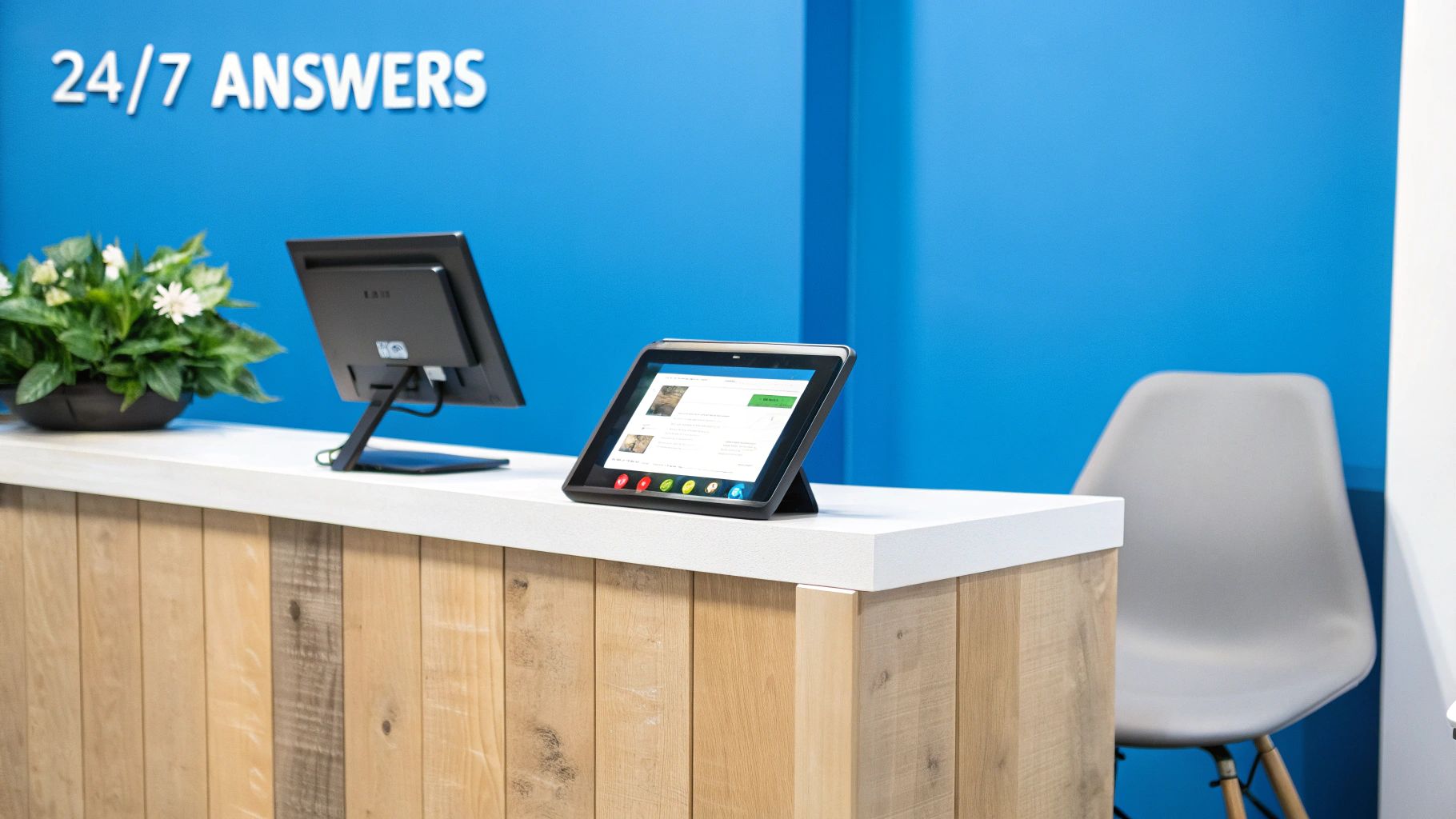 A modern reception desk with a tablet displaying an information, a plant, and a '24/7 ANSWERS' sign.