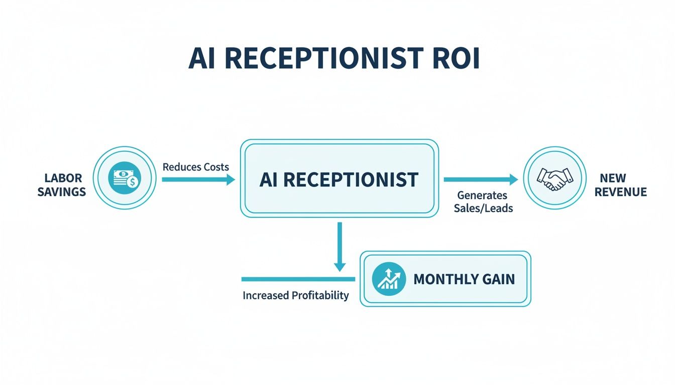 Diagram showing AI receptionist benefits: reducing costs, generating leads, and increasing profitability.