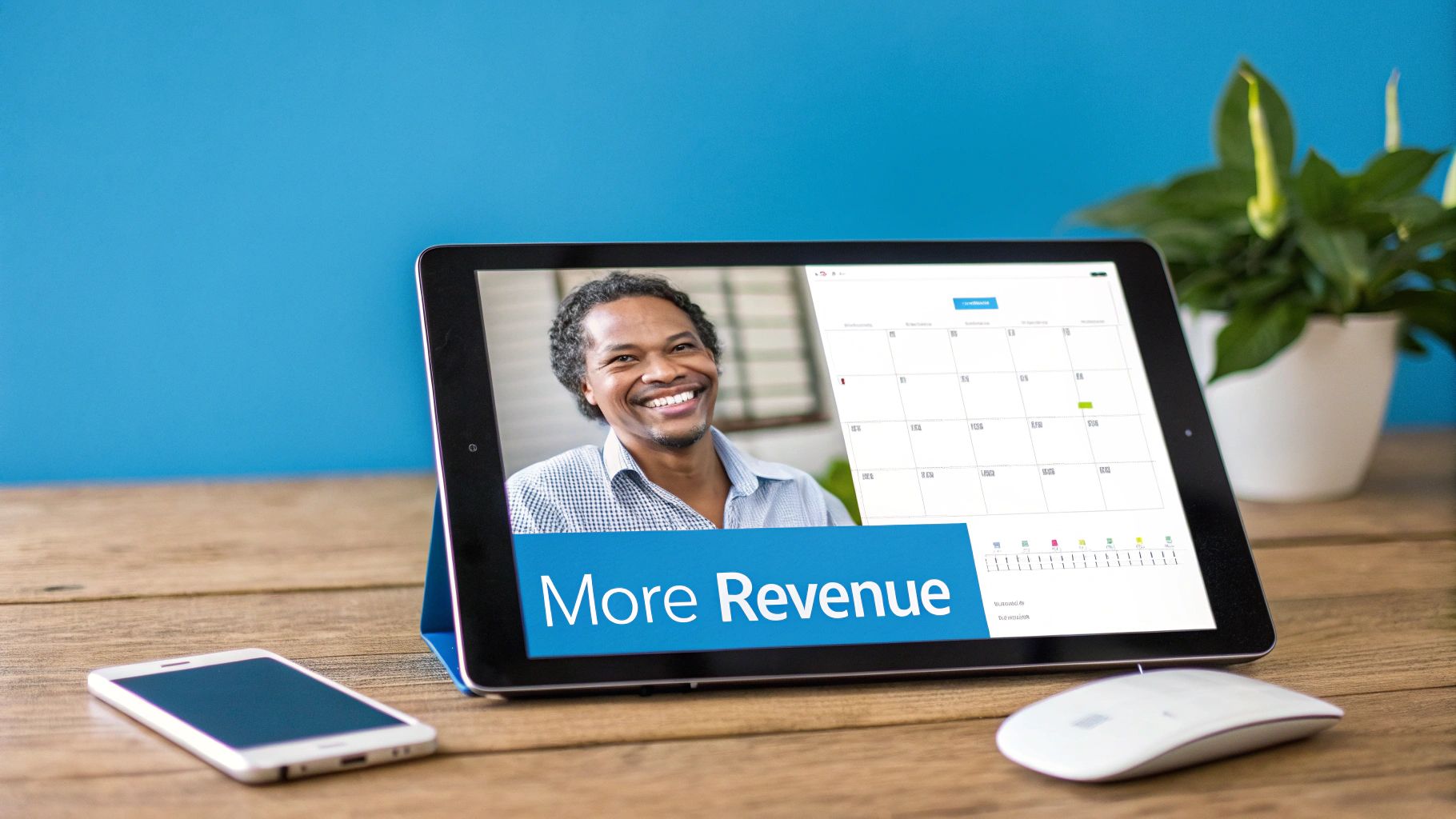A smiling man on a tablet screen, showing 'More Revenue' text, a calendar, a phone, and a mouse.