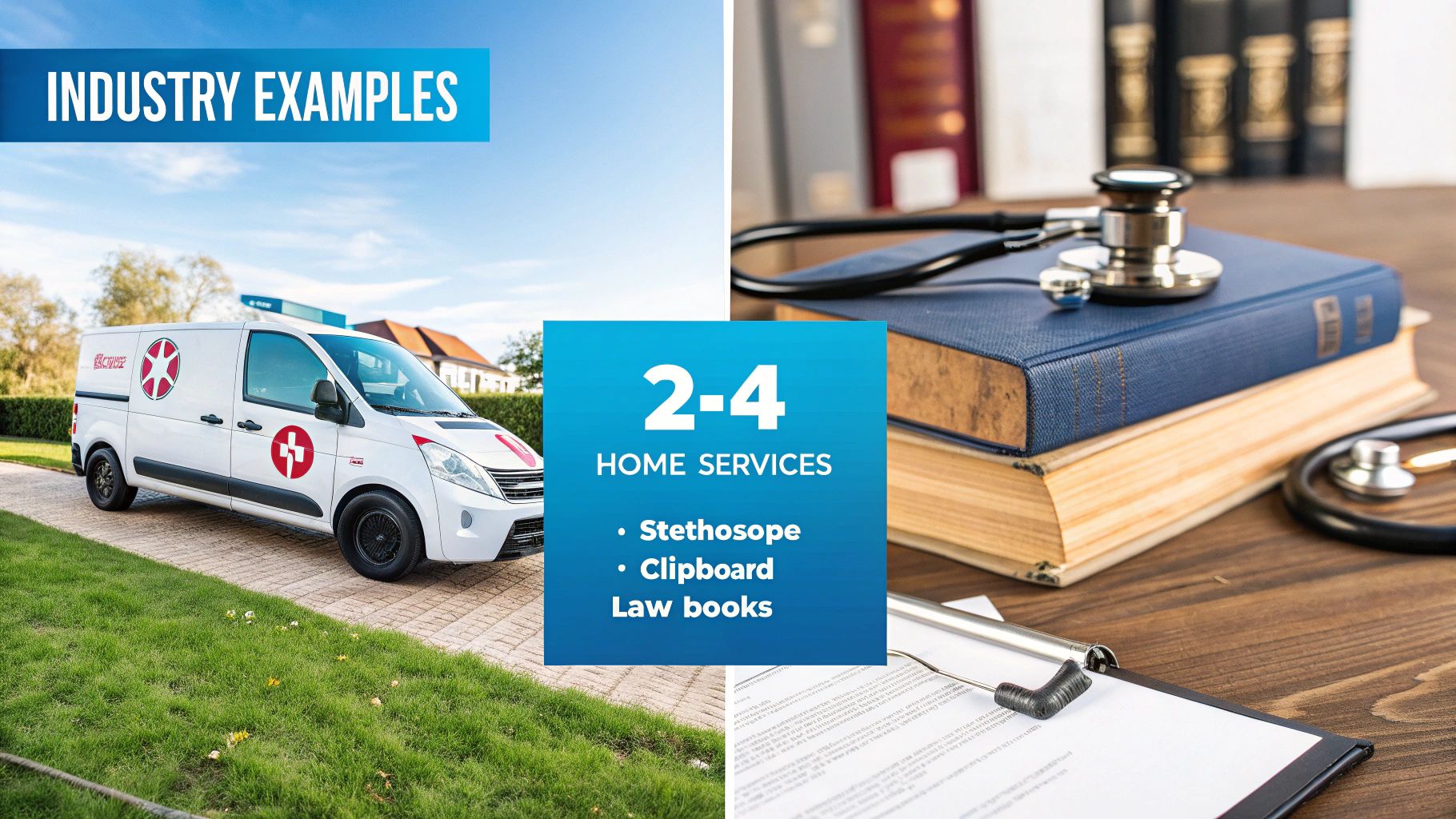A white service van, a stethoscope on law books, and a clipboard, illustrating home service industry examples.