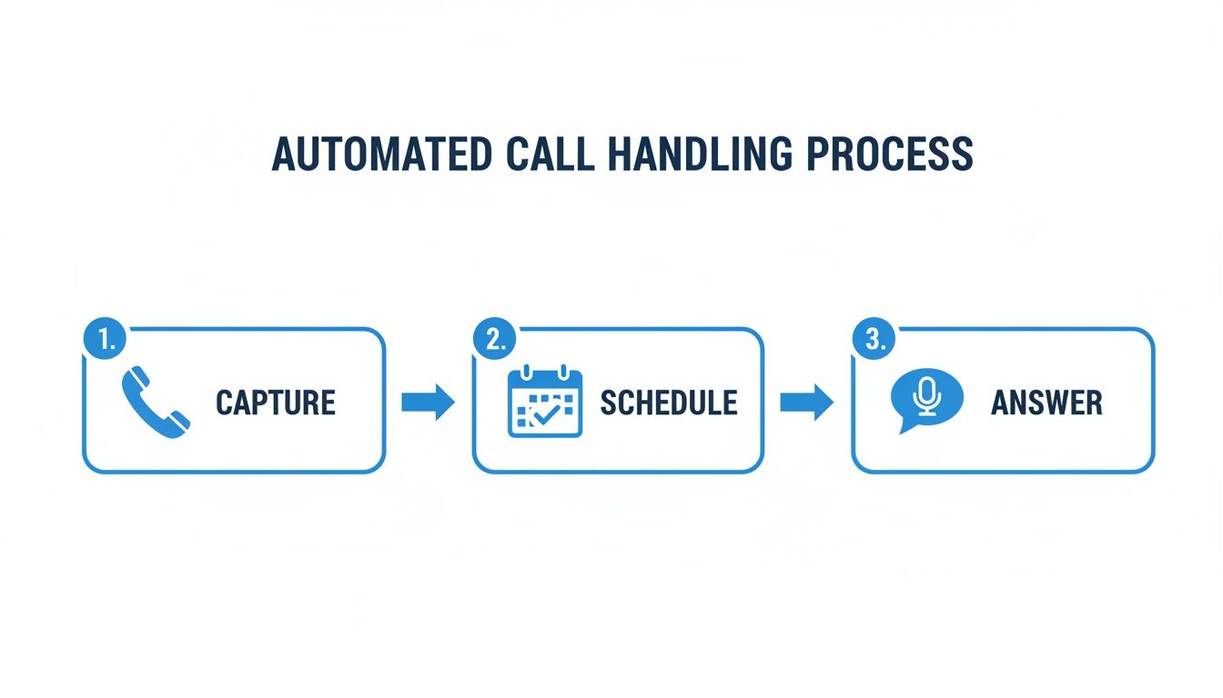 A three-step automated call handling process flowchart showing capture, schedule, and answer stages.