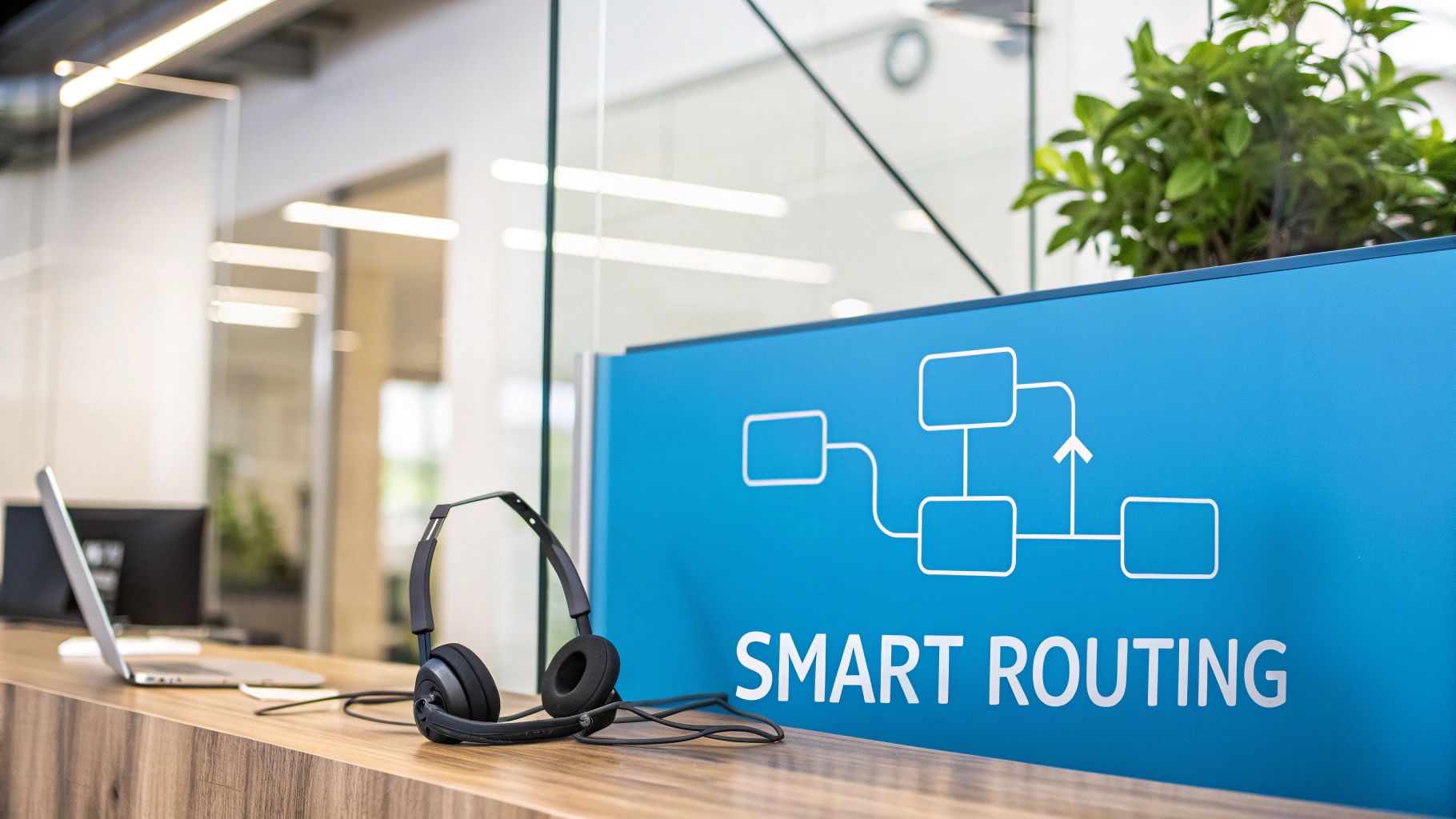 A headset and laptop on a wooden desk in a modern office, next to a 'SMART ROUTING' sign.