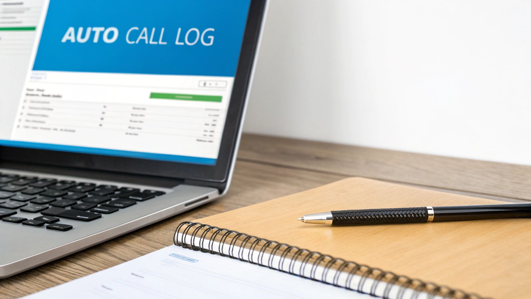 A laptop displaying 'AUTO CALL LOG' on its screen, next to a notebook and pen.
