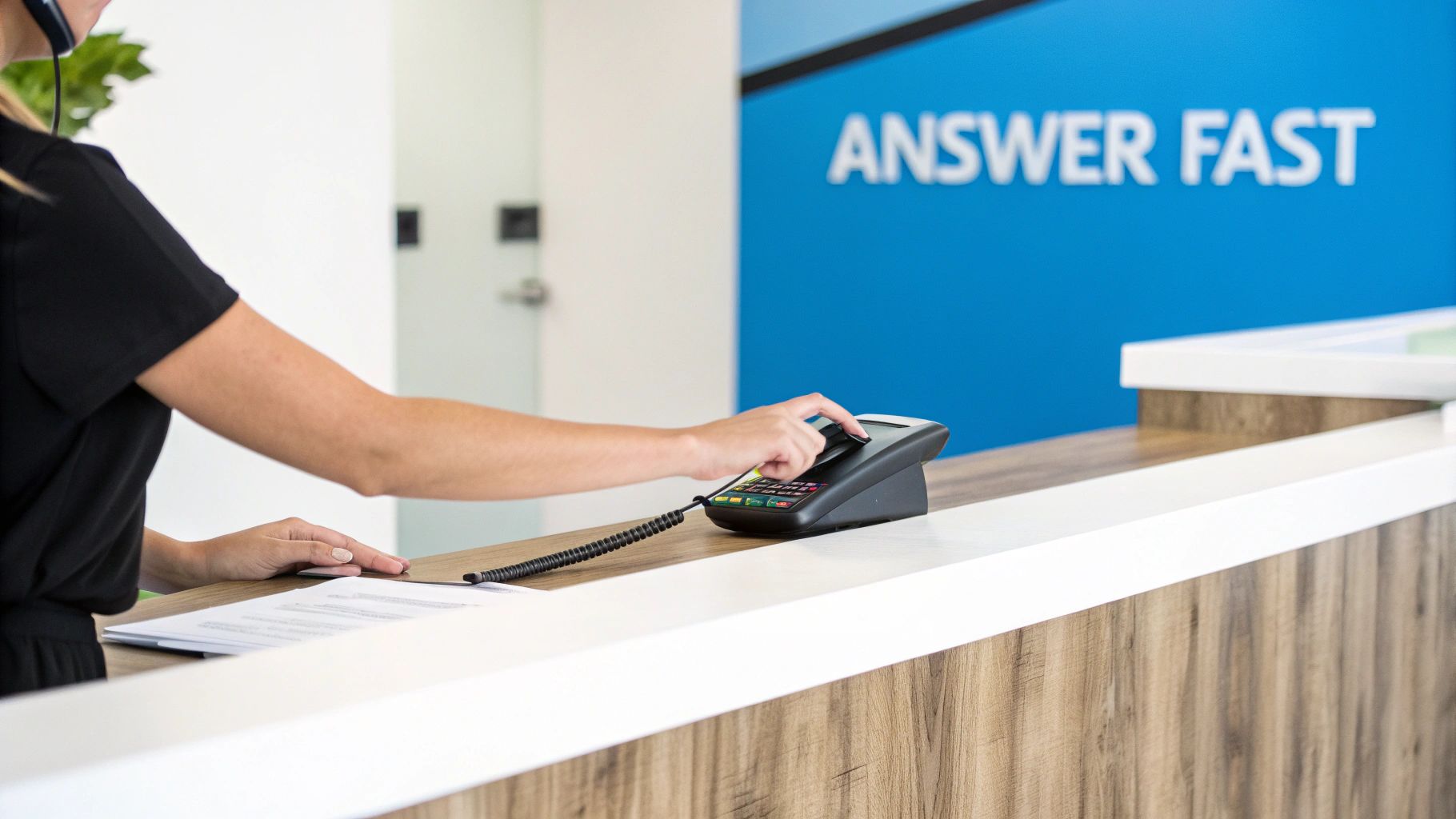 A person with a headset using a specialized phone system on a modern reception desk with 'ANSWER FAST' on the wall.
