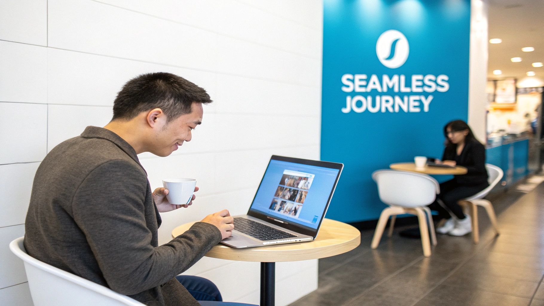 A man smiling and working on a laptop while holding a coffee cup in a modern cafe.