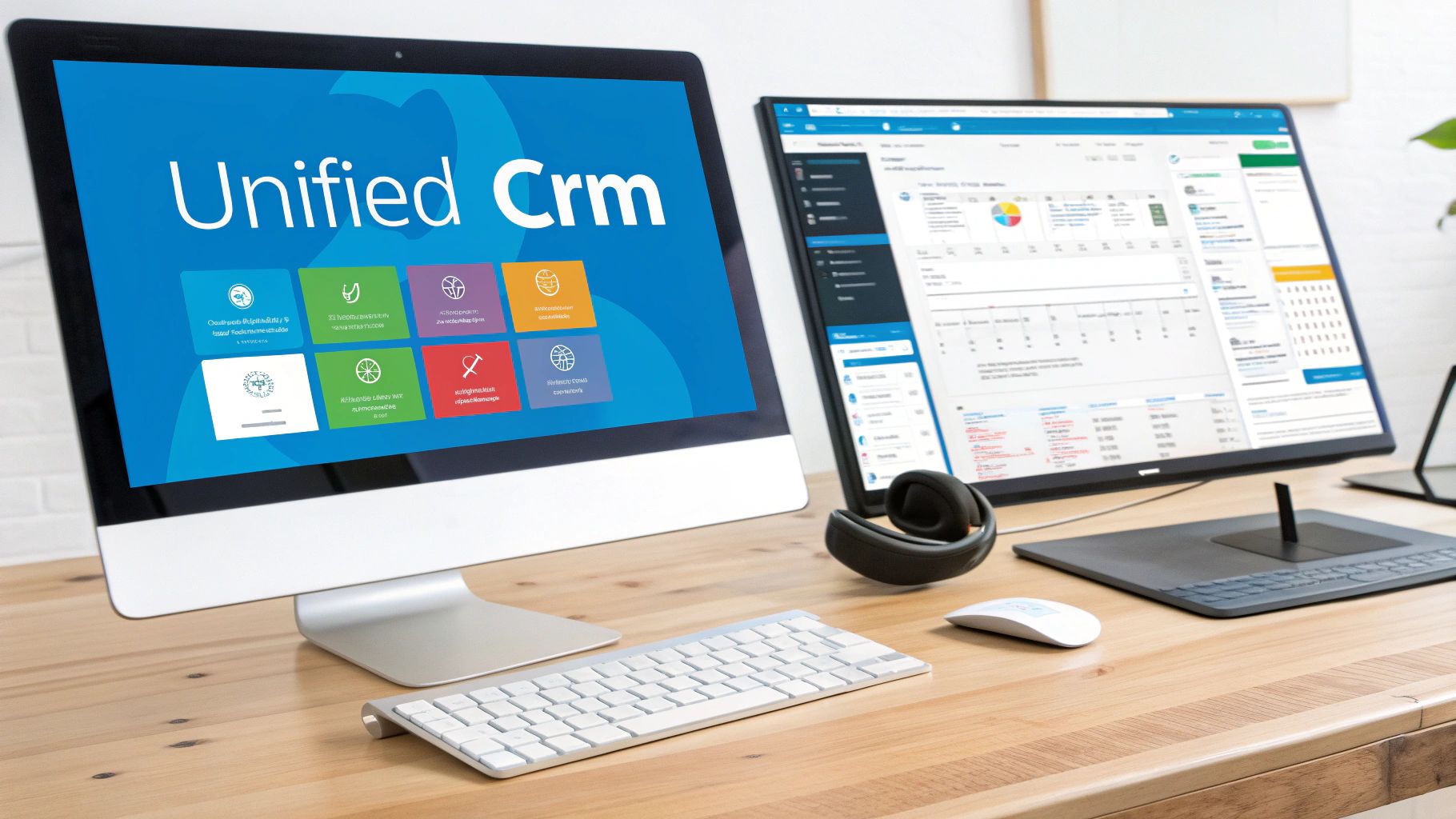 Two computer monitors on a wooden desk displaying Unified CRM software and business dashboards.