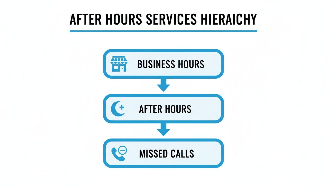 A flowchart titled 'After Hours Services Hierarchy' showing Business Hours, After Hours, then Missed Calls.