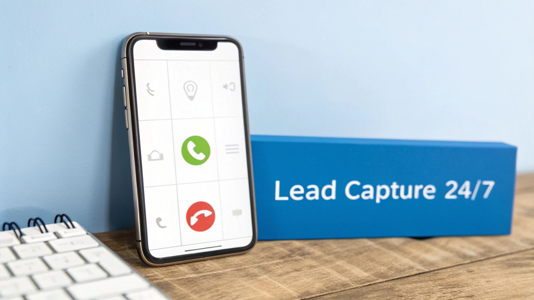 Smartphone displaying a call screen with green and red phone icons, beside a 'Lead Capture 24/7' box.