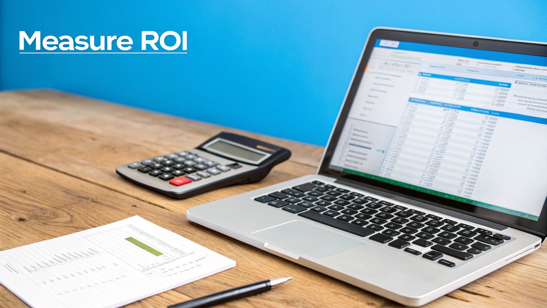 A desk with a laptop, calculator, document, and pen, showing 'Measure ROI' on a blue background.