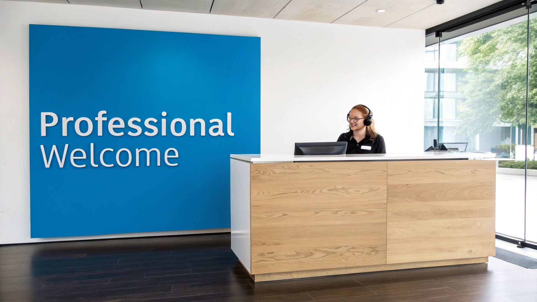 A smiling female receptionist with headphones at a modern reception desk with a 'Professional Welcome' sign.