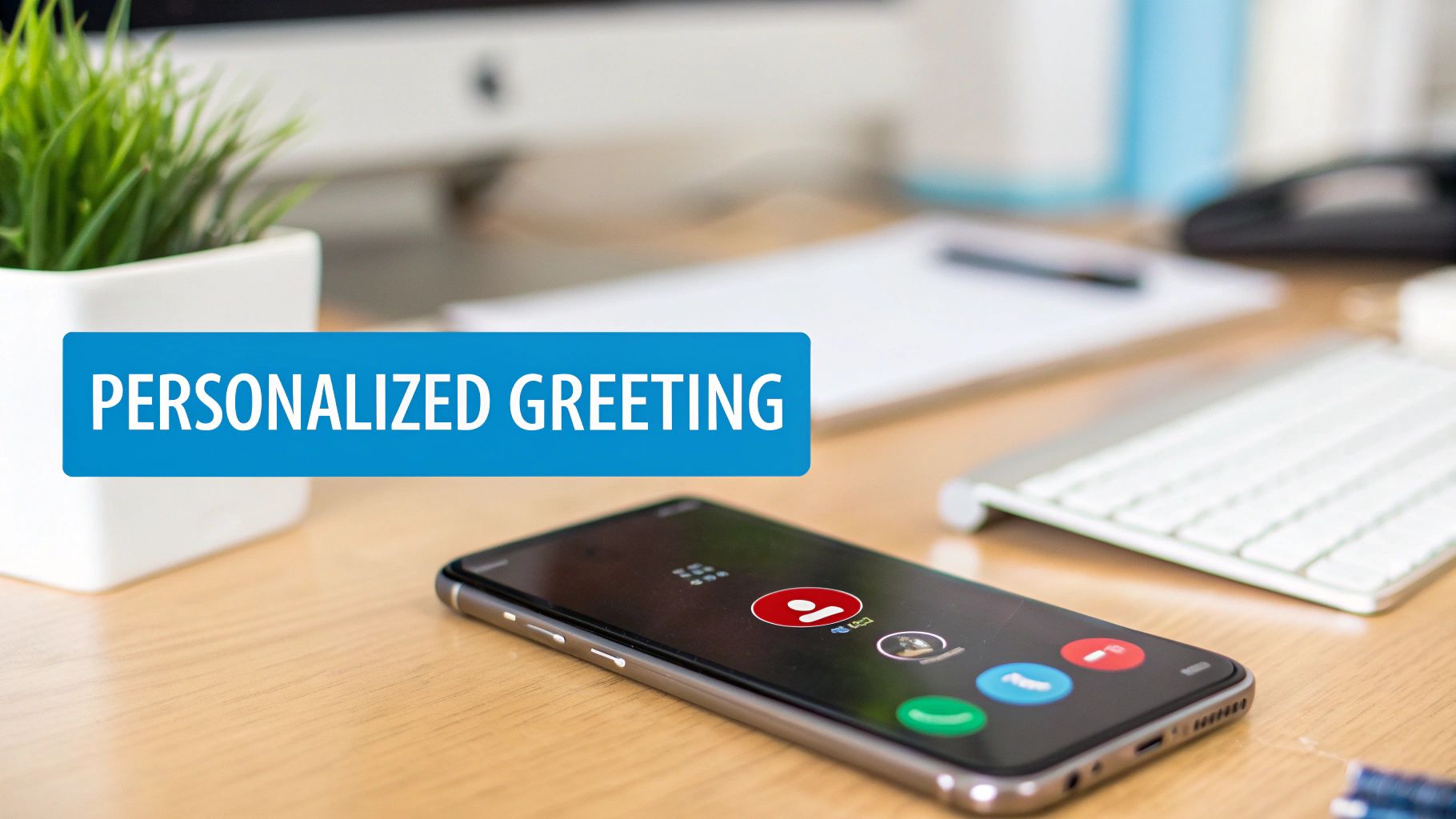 A smartphone on a wooden desk displaying an incoming call, with a blue banner saying "PERSONALIZED GREETING".