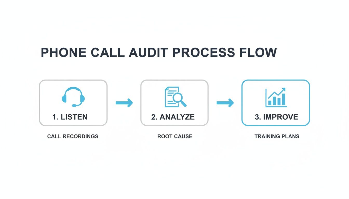 Diagram illustrating the three-step phone call audit process: Listen, Analyze, Improve for training plans.
