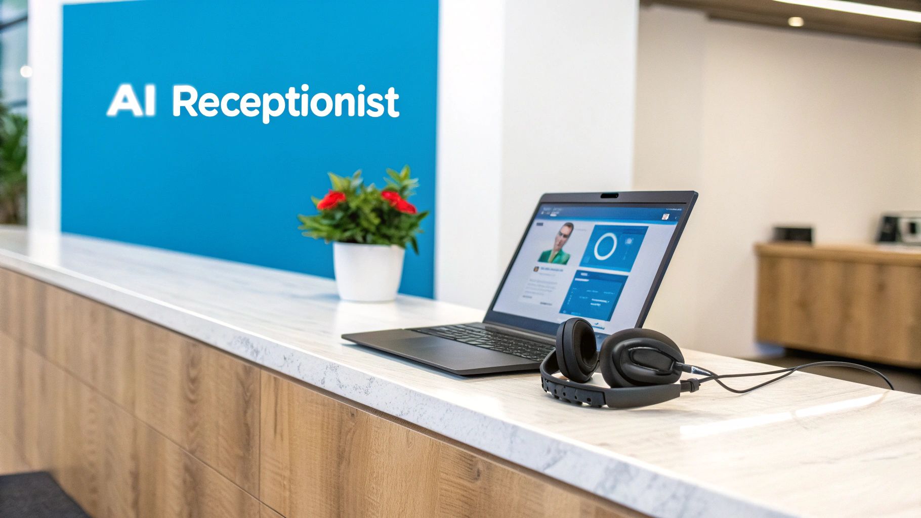 A modern reception desk with a laptop showing an AI receptionist interface, headphones, and a red flower plant.