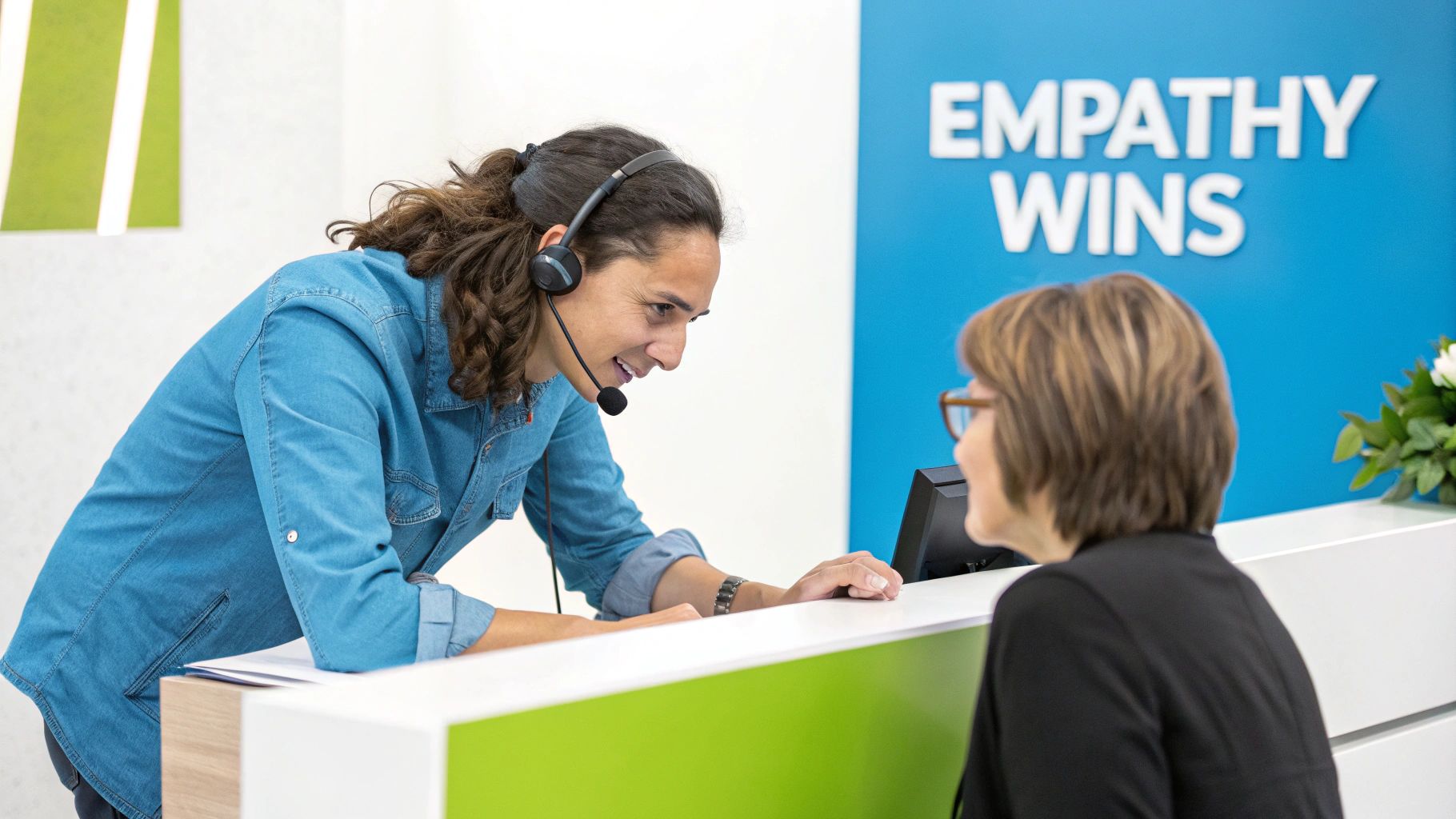 A customer service agent wearing a headset smiles while assisting a customer at a bright counter.