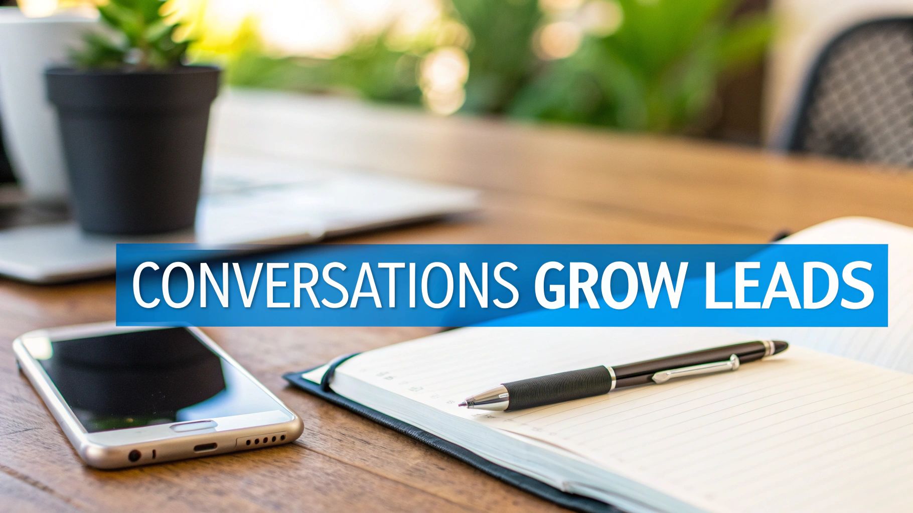 A desk with a smartphone, notebook, and a potted plant, featuring a blue banner stating 'CONVERSATIONS GROW LEADS'.