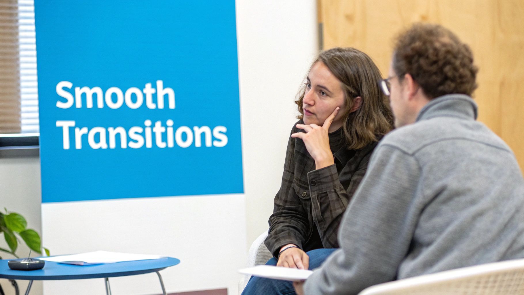 A woman attentively listens to a man during a "Smooth Transitions" event, indicating a focused discussion.