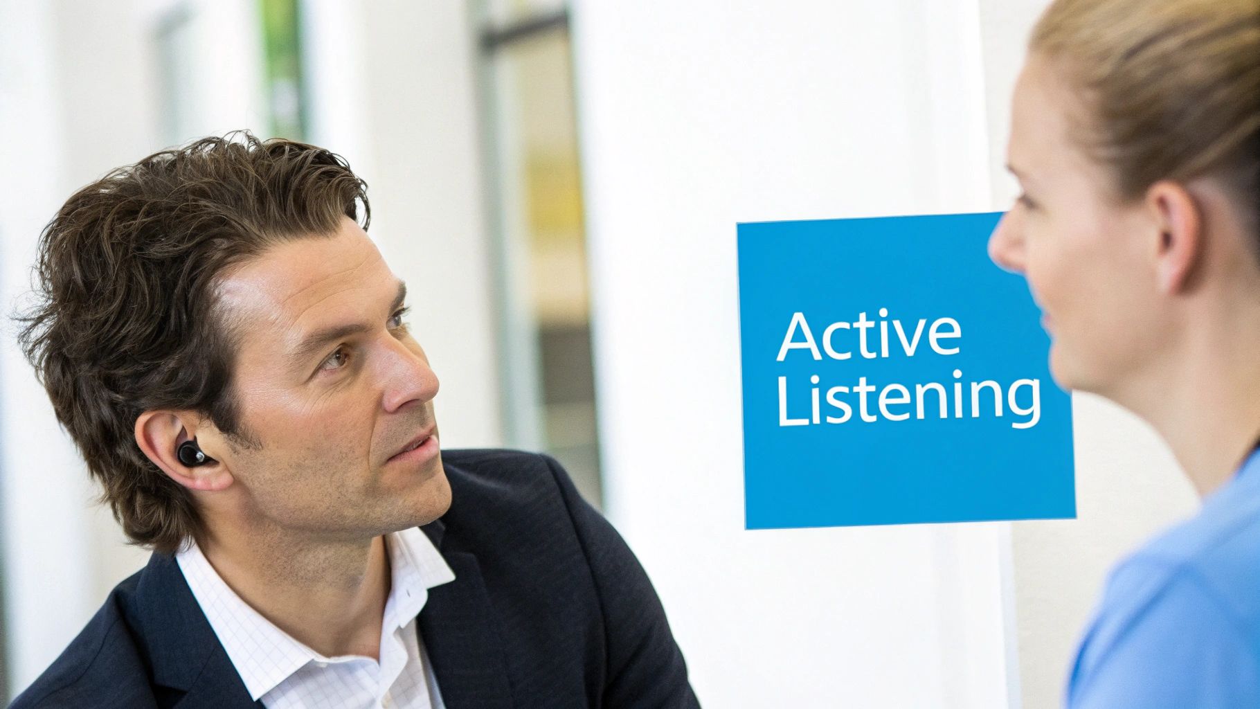 A man with an earbud attentively listens to a woman, next to a sign about 'Active Listening'.
