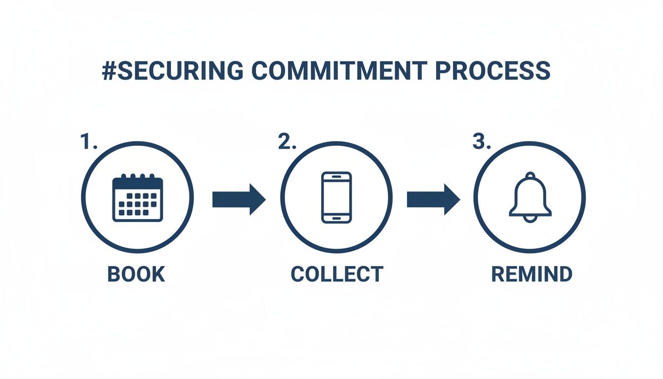 Infographic showing a 3-step process: Book (calendar), Collect (phone), and Remind (bell notification).