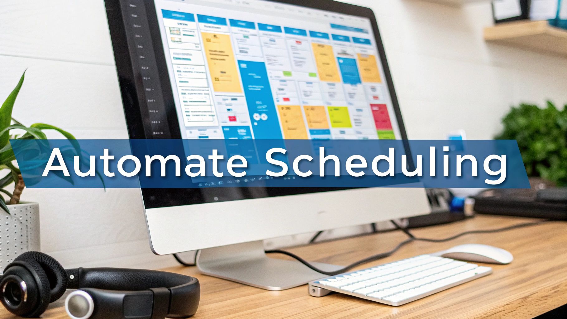 A desk with a computer displaying scheduling software, keyboard, mouse, headphones, and 'Automate Scheduling' text.