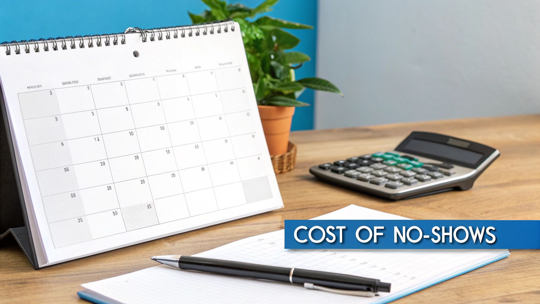 A desk calendar, calculator, and pen on a notebook with a banner saying 'COST OF NO-SHOWS', suggesting financial analysis of missed appointments.