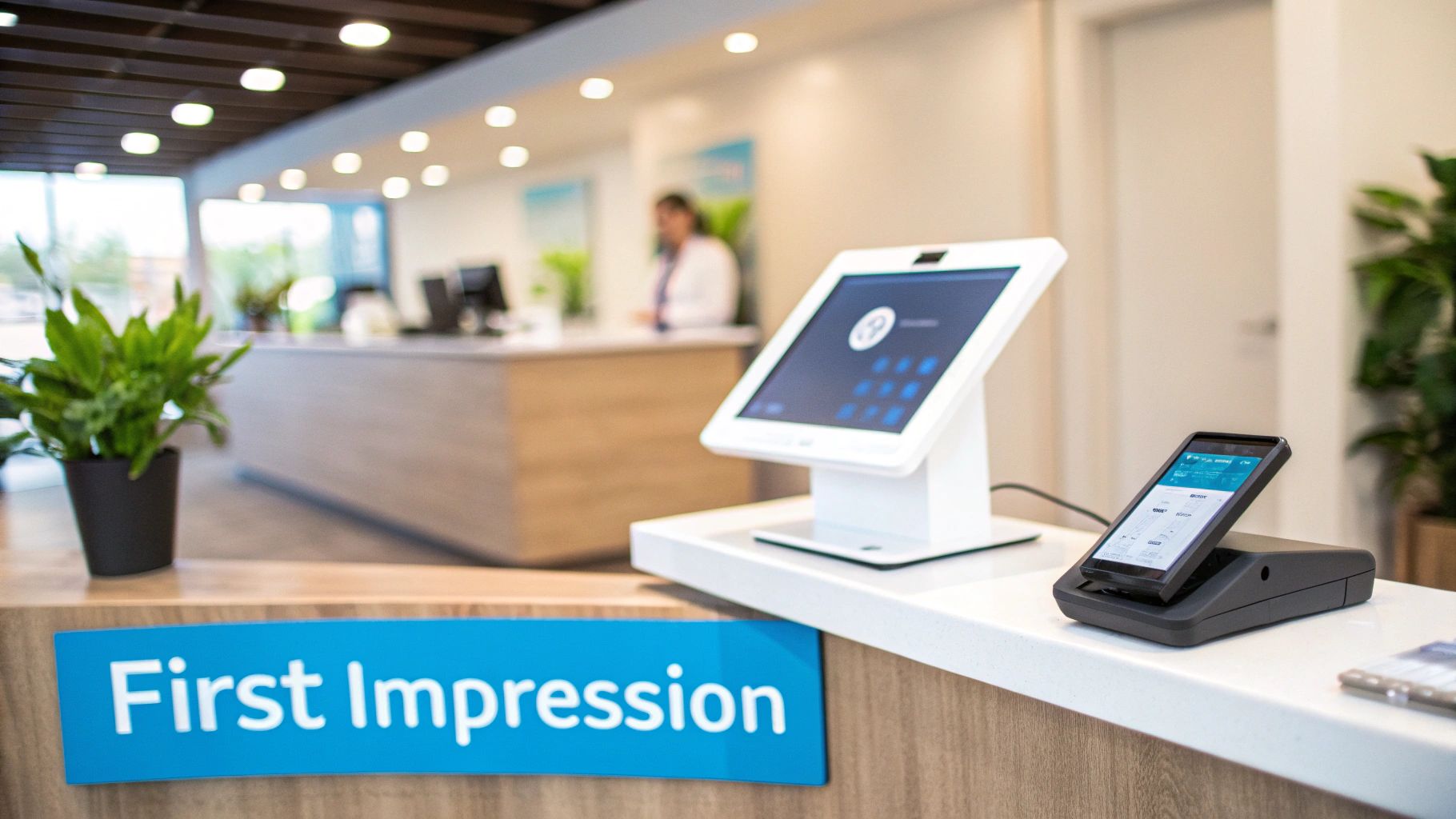 Modern reception area with digital check-in tablet, smartphone, and a 'First Impression' sign.