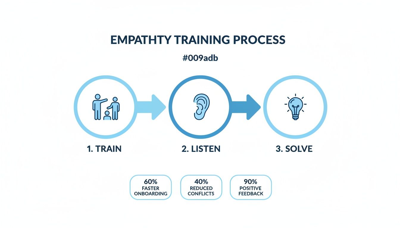Infographic showing a 3-step empathy training process: train, listen, solve, with benefits below.