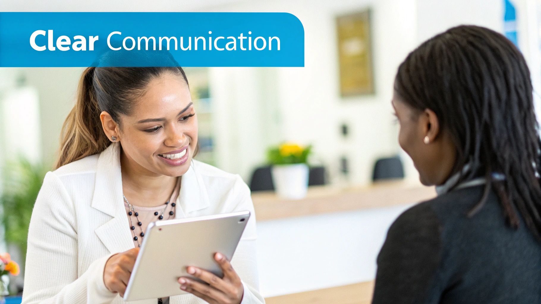 Two smiling women, one holding a tablet, engaging in clear communication in an office setting.