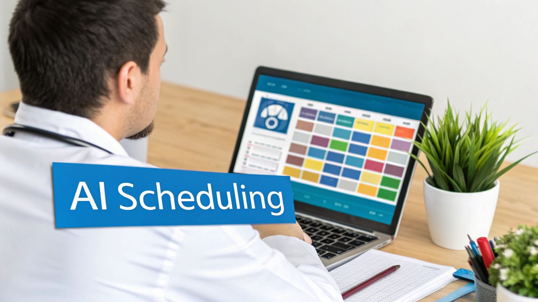 A doctor uses a laptop displaying AI scheduling software with a colorful appointment calendar.
