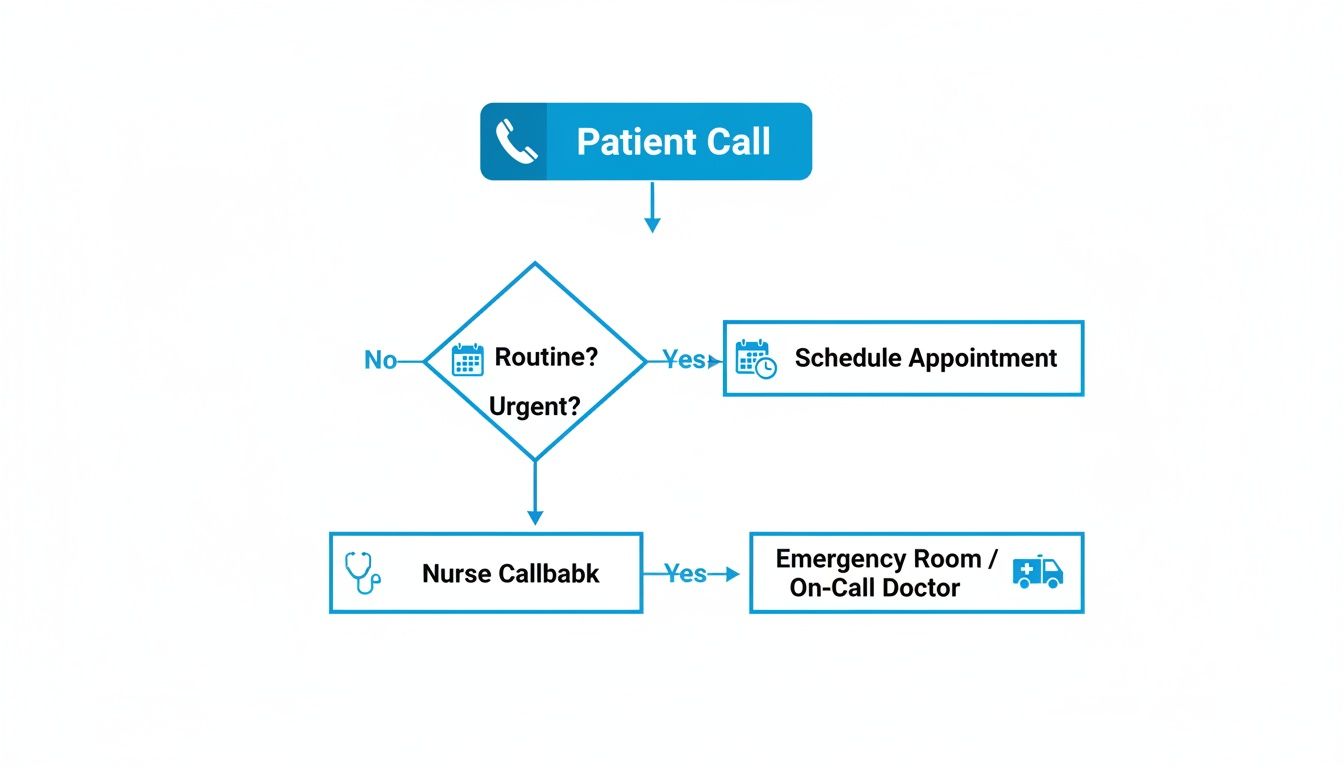 Flowchart illustrating patient call triage: routine to appointment, urgent to nurse callback and emergency care.