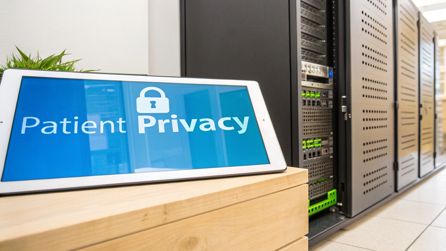 Tablet displaying 'Patient Privacy' and a lock icon, with secure data server racks in the background.