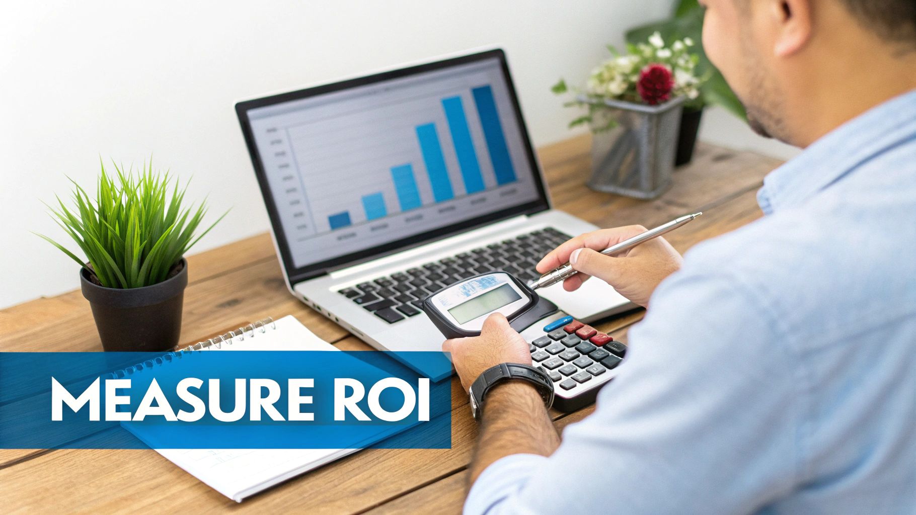 A person calculates return on investment (ROI) with a calculator, laptop showing bar chart, and 'MEASURE ROI' banner.