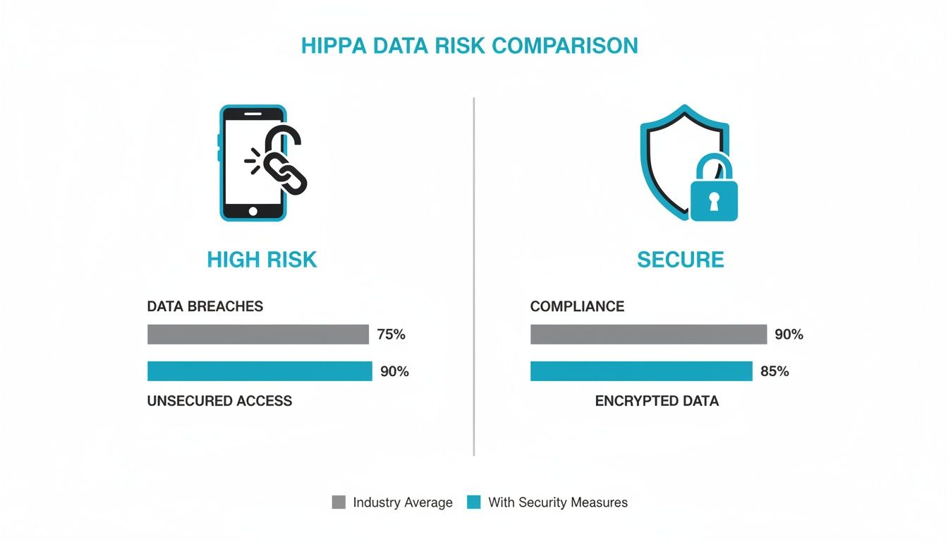 HIPAA data risk infographic comparing industry average and security measure percentages for various metrics.