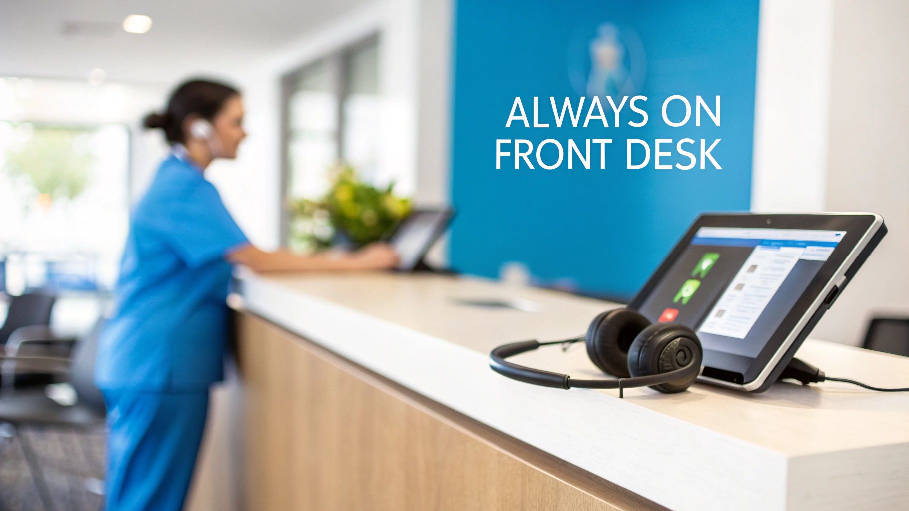 A blurred medical professional in blue scrubs works at a reception desk with a tablet and headset.