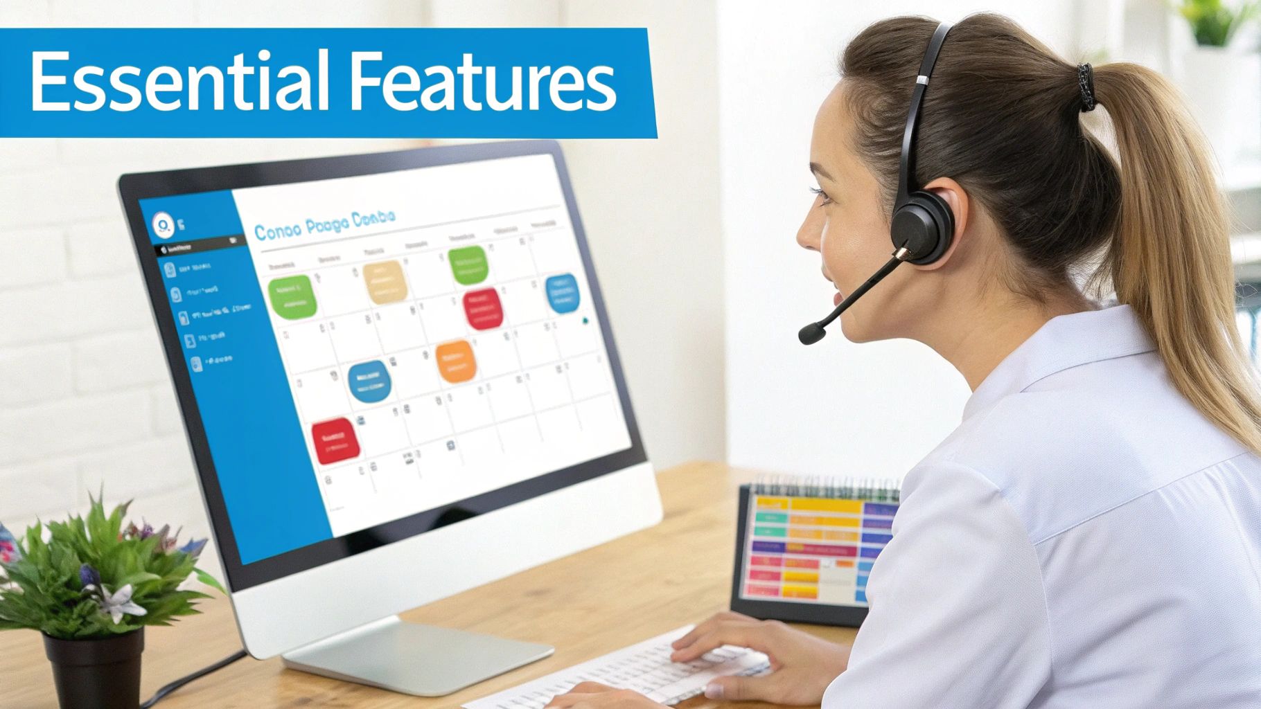 A woman with a headset uses a computer showing a calendar application, highlighting essential features.