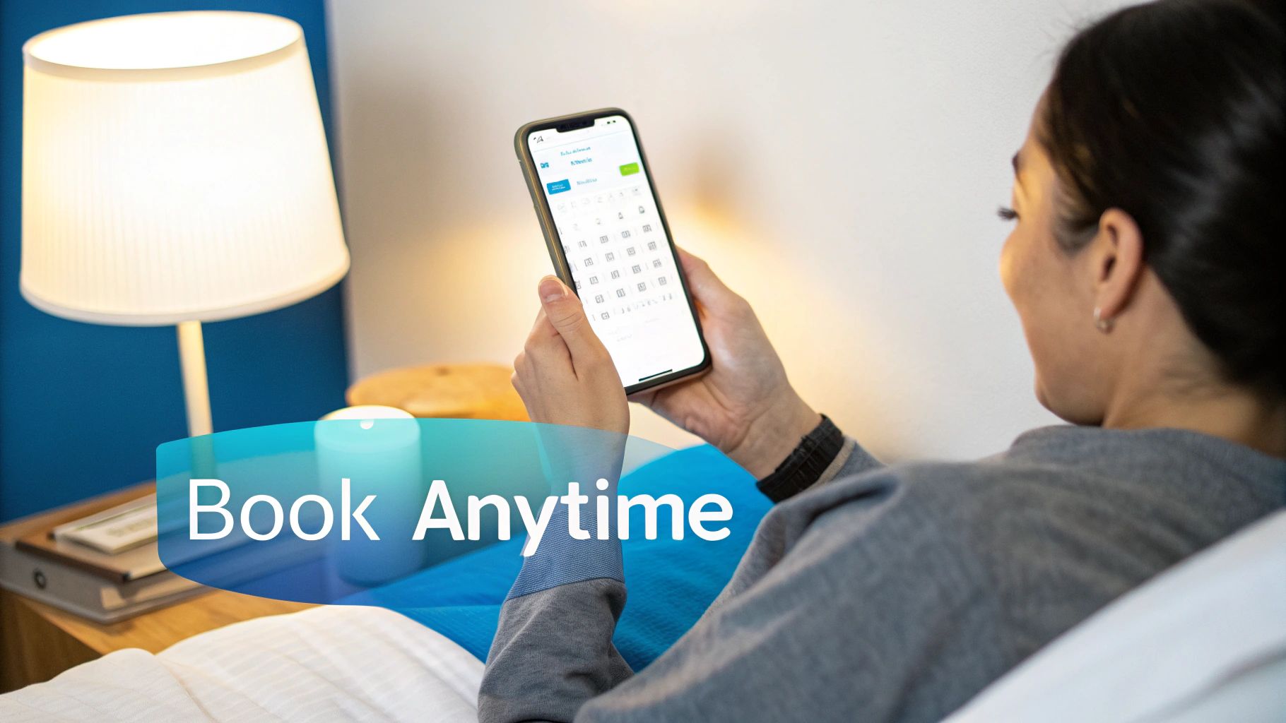 A person relaxing in bed uses a smartphone to book something online, with 'Book Anytime' text overlay.