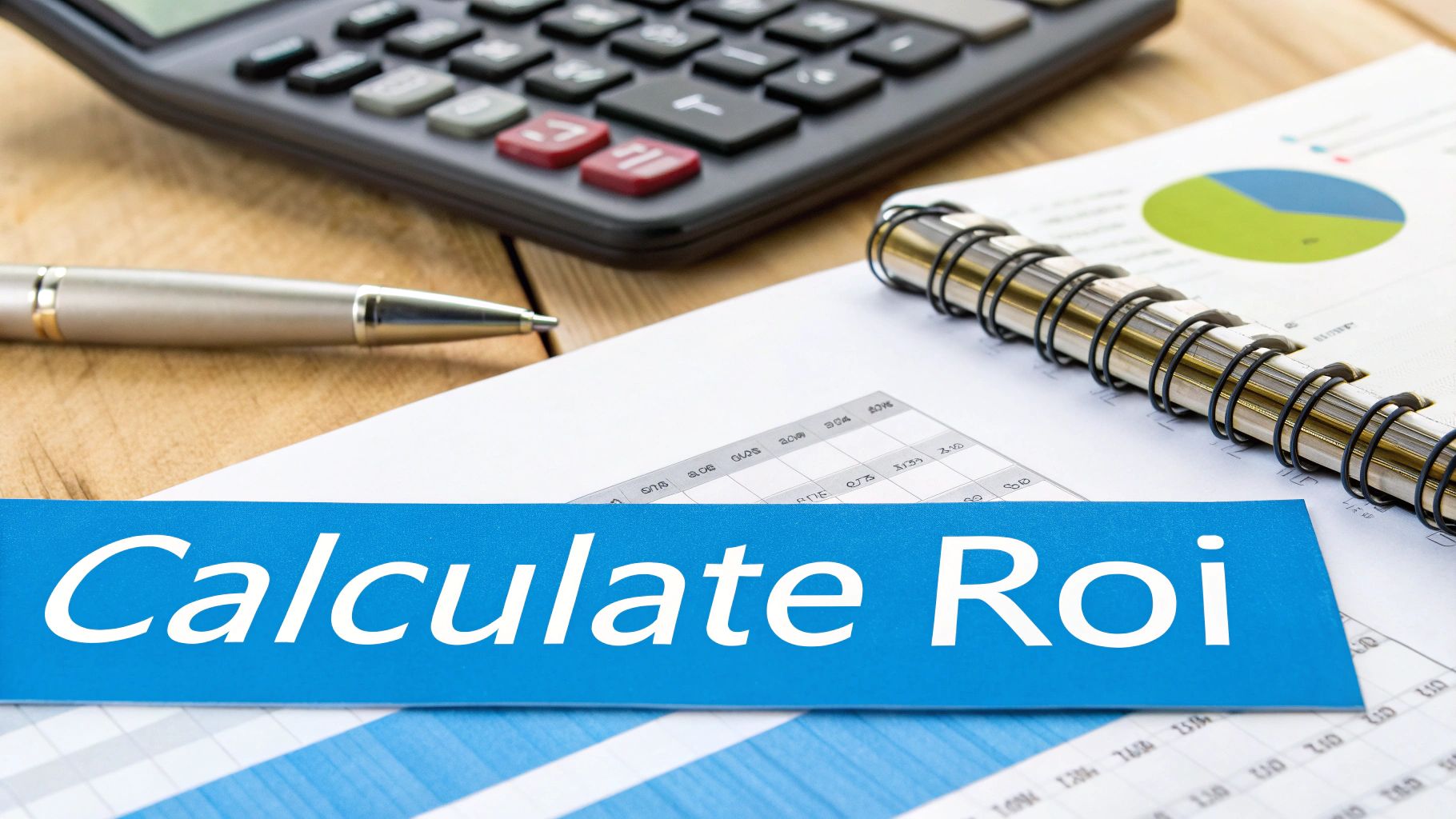 A calculator, pen, and notebook with financial charts and numbers, next to a blue sign reading 'Calculate ROI'.