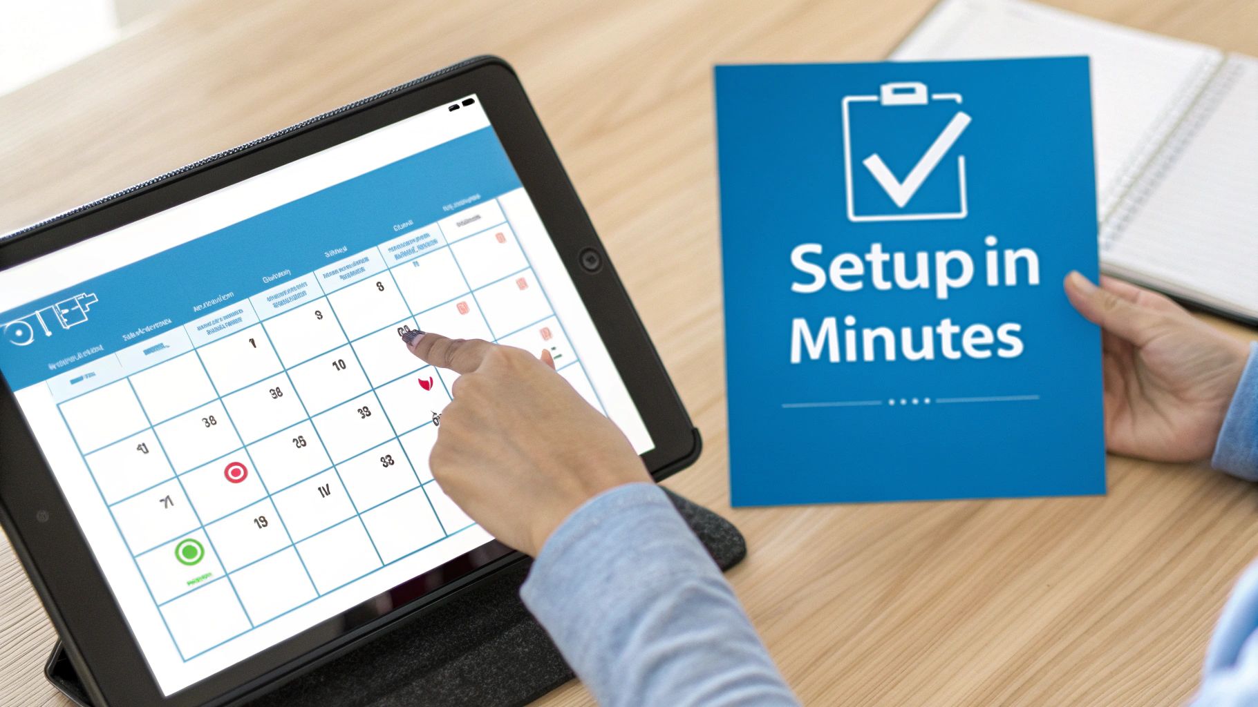 A person uses a tablet with a digital calendar application, while another holds a 'Setup in Minutes' guide.