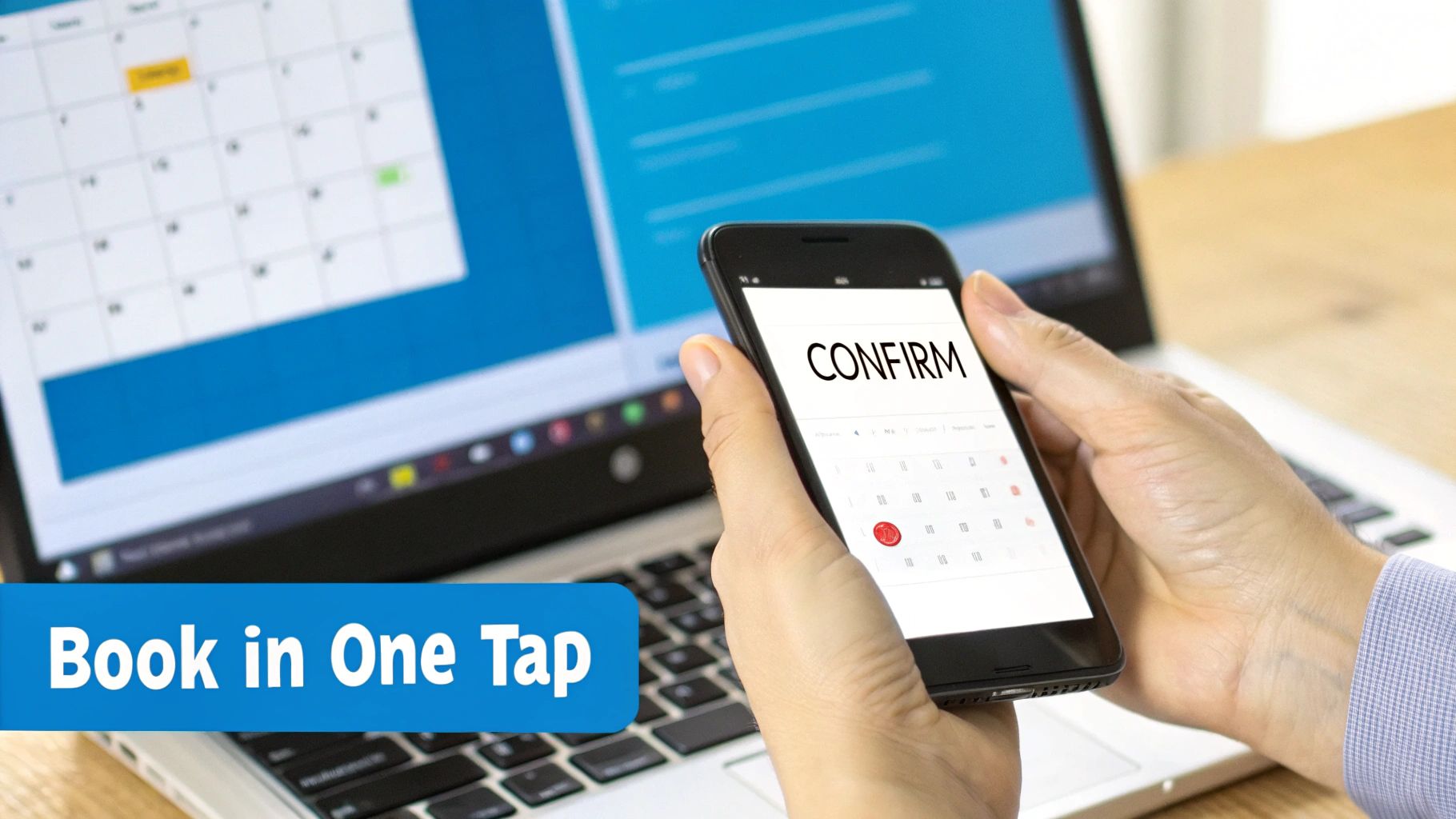 Hands holding a smartphone displaying 'CONFIRM' and a calendar, with a laptop and 'Book in One Tap' banner.