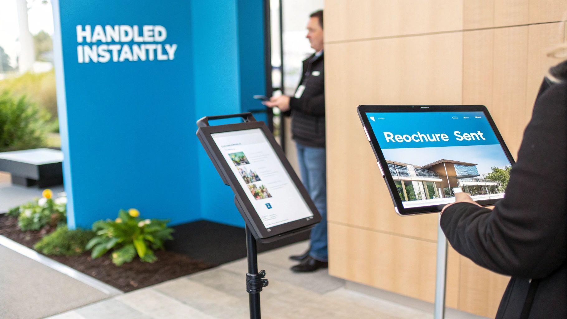 Two digital displays, one showing 'Reochure Sent' with a modern building, and another displaying content in a reception area.