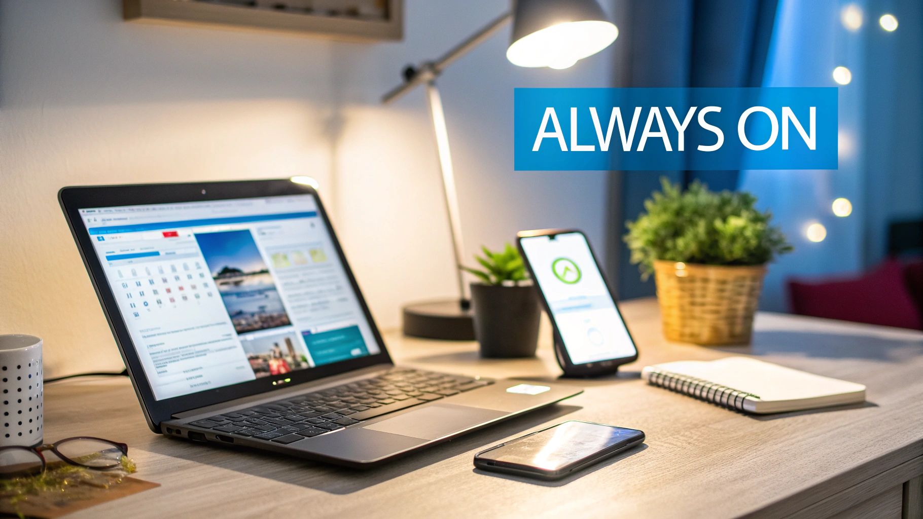 A well-lit home office desk with a laptop, smartphones, a lamp, and a plant, highlighting connectivity.