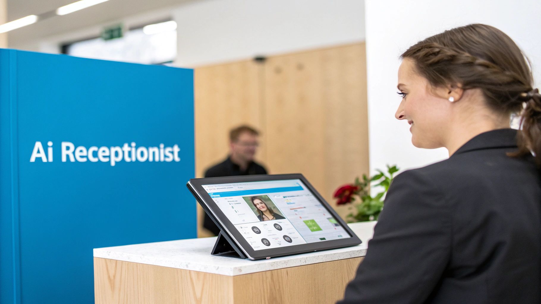 A smiling woman interacts with an AI receptionist tablet in a modern office lobby.