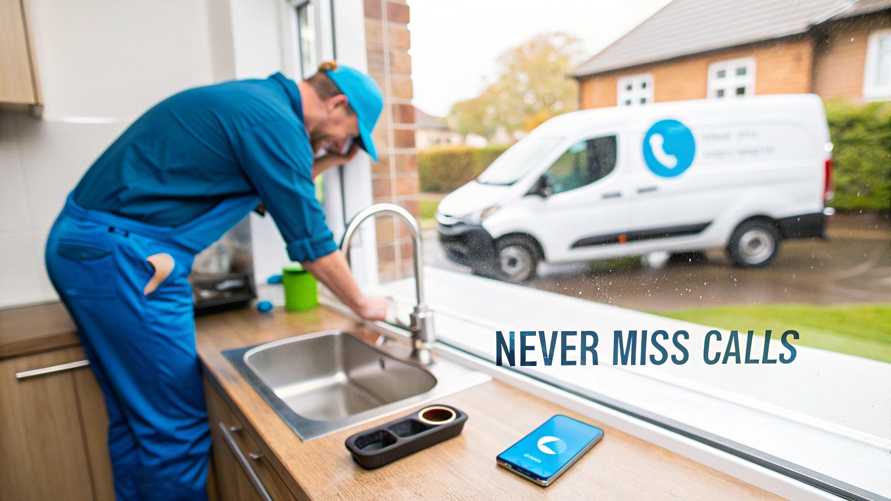 A plumber works at a kitchen sink, with a phone on the counter and a service van outside, emphasizing 'never miss calls'.