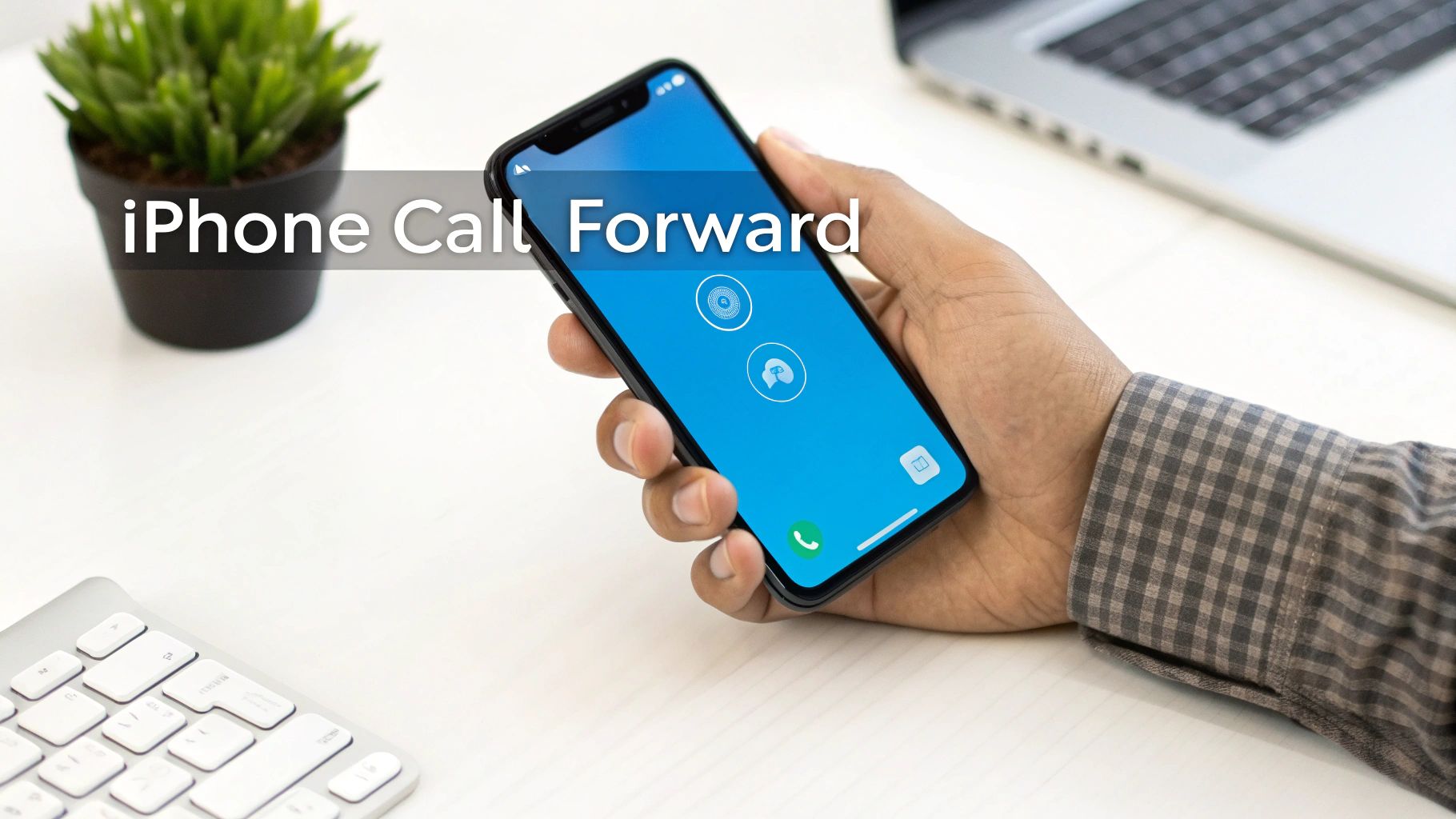 A hand holds an iPhone displaying call options with 'iPhone Call Forward' text overlay.