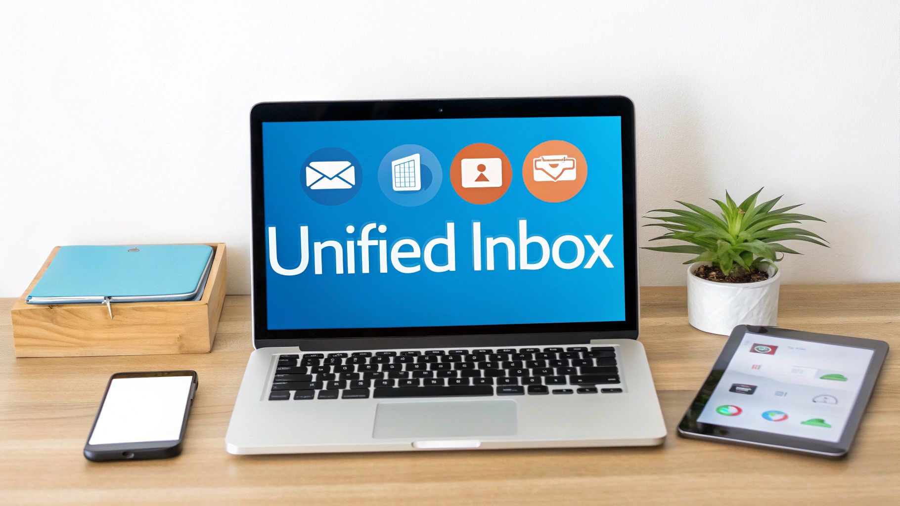 A laptop screen displays 'Unified Inbox' with communication icons, flanked by a smartphone and tablet on a wooden desk.