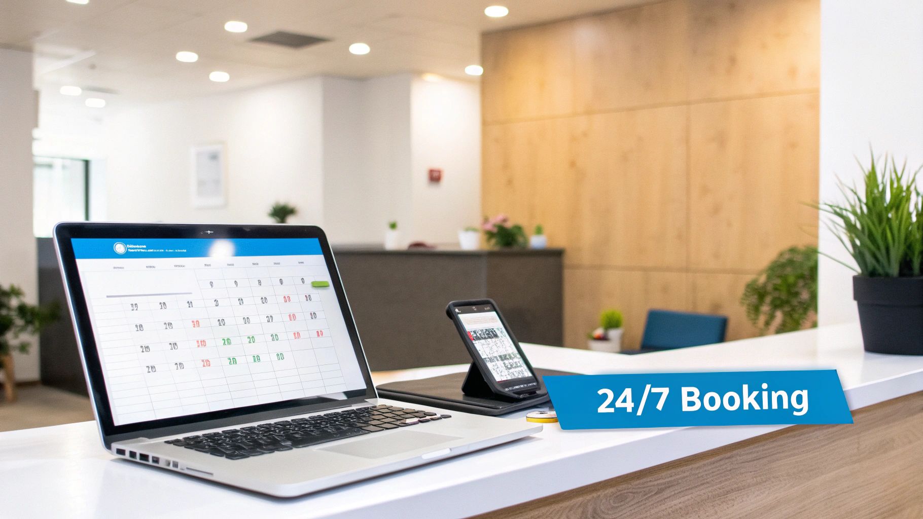 A laptop and smartphone displaying a booking calendar on a counter in a modern office, with a '24/7 Booking' banner.