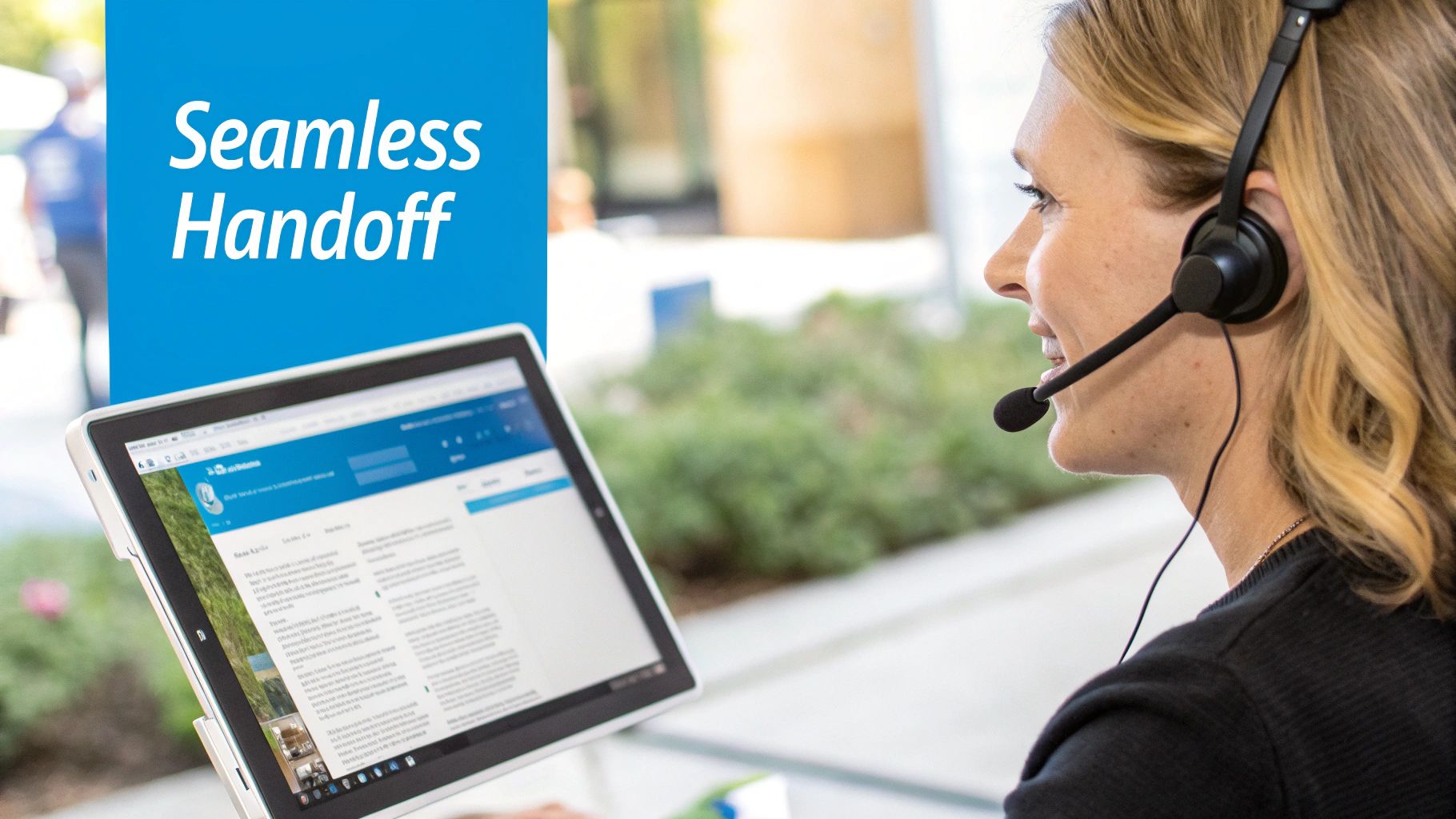 A smiling woman wearing a headset with a microphone looks at a tablet displaying “Seamless Handoff”.