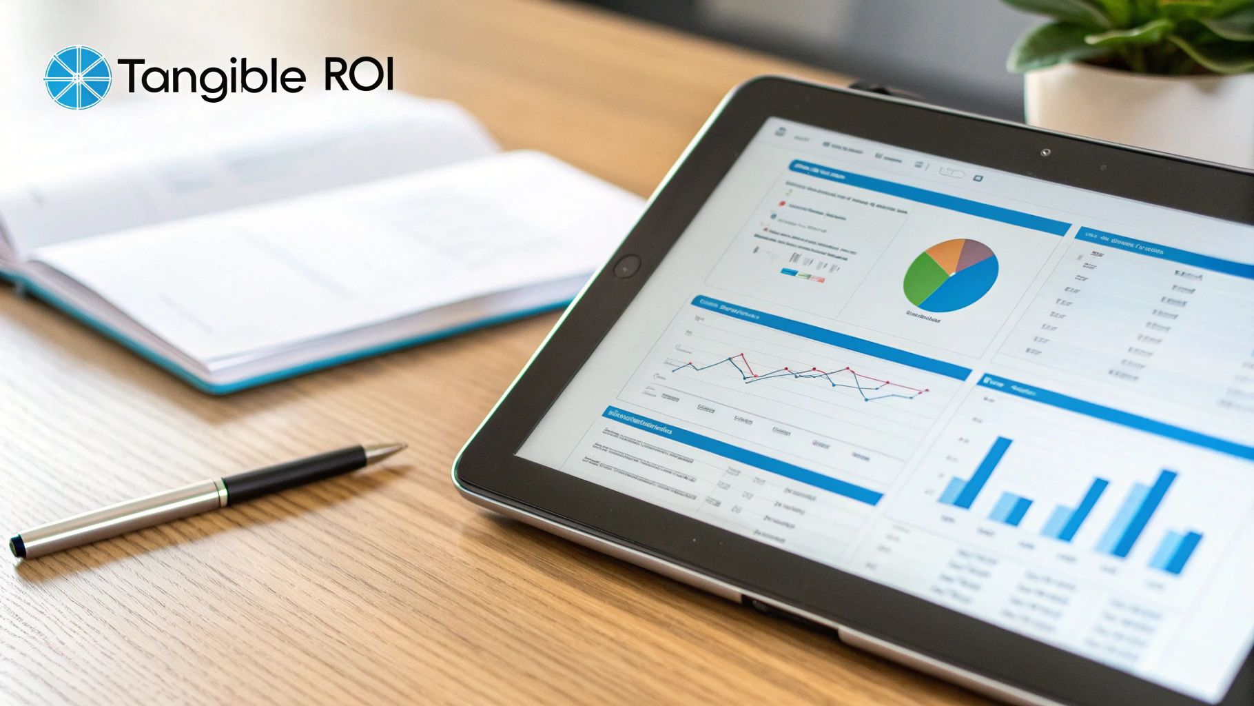 Tablet showing business performance charts and graphs on a wooden desk with a pen and notebook.