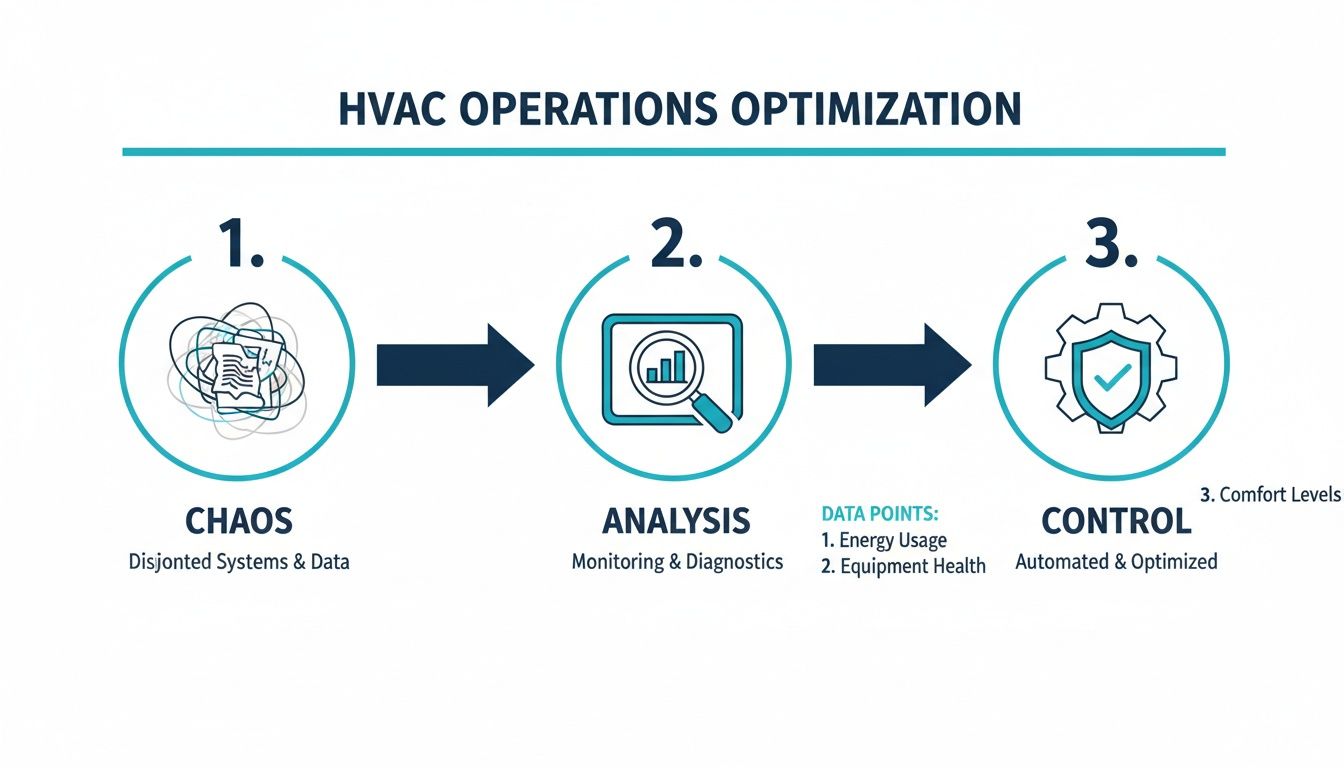 A three-step diagram illustrates HVAC operations optimization, moving from chaos to analysis and control.